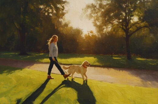 Walking a dog in a park during sunset, highlighting the peaceful and health-boosting benefits of daily dog walks for both pets and owners. Walking a dog in a park during sunset, highlighting the peaceful and health-boosting benefits of daily dog walks for both pets and owners.